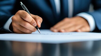 A sharpdressed businessman finalizes a crucial contract in a sleek office, embodying professionalism in business dealings.