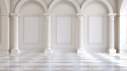 Fototapeta premium A serene arched gallery showcases columns and empty frames, evoking the beauty of classical architecture in soft beige hues.