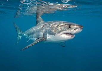 Naklejka premium A majestic great white shark gracefully glides through the deep blue ocean, sunlight filtering through the water creating a serene underwater scene.