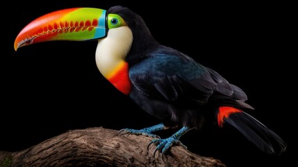 Obraz premium Beautiful toucan with vibrant colors perched on a branch against a clear background. Exotic wildlife in focus.