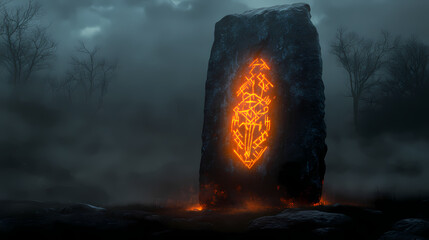 Mysterious glowing monolith with ancient runes illuminates dark misty landscape - enigmatic stone with orange symbols in foggy natural setting. Arcane Monolith. Illustration