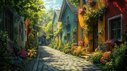Fototapeta premium Sunlit Village Pathway with Colorful Houses and Vibrant Flowers Amidst Laughter and Joyful Dances