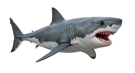 Obraz premium A majestic great white shark, powerfully swimming, its jaws open in a breathtaking underwater ballet, against a stark white background.