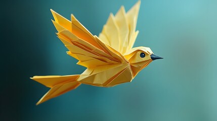 Obraz premium a bird made out of origami, and it's yellow. Simple Layout with Copy Space and a Turquoise Background. 