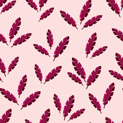 Pink plant leafs vector seamless pattern on pink background. Plant leafs seamless pattern. Vector pattern in pink colour. Vector pink feather pattern