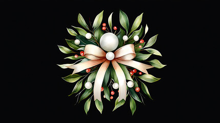 beautiful arrangement of mistletoe, ribbons, and berries in stained glass style, evoking festive and cheerful atmosphere