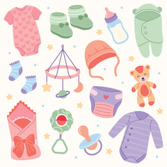 Newborn baby items set with cute cartoon elements in flat design. Vector illustration