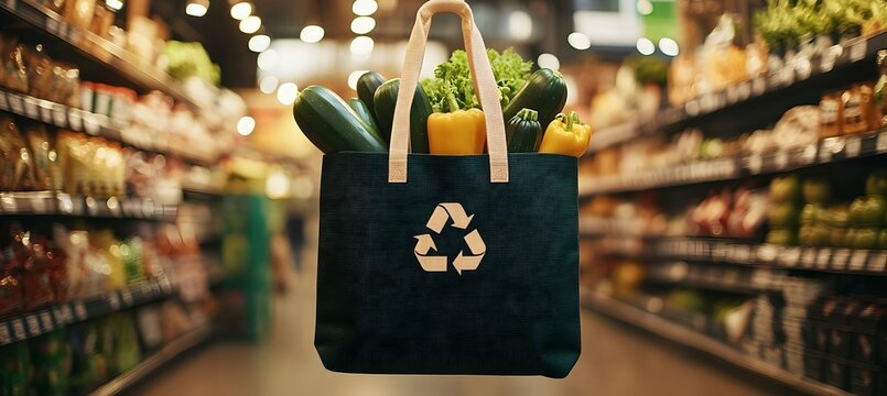 Sustainable grocery store promoting eco-friendly practices, reusable fabric bags, and a focus on climate action with a zero waste approach and a reduction in carbon footprint,
