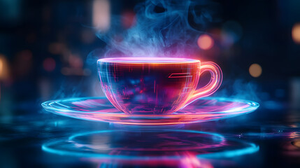 A mesmerizing cup of coffee hovers above a dark surface, exuding warmth and mystery. Steam dances gracefully.
