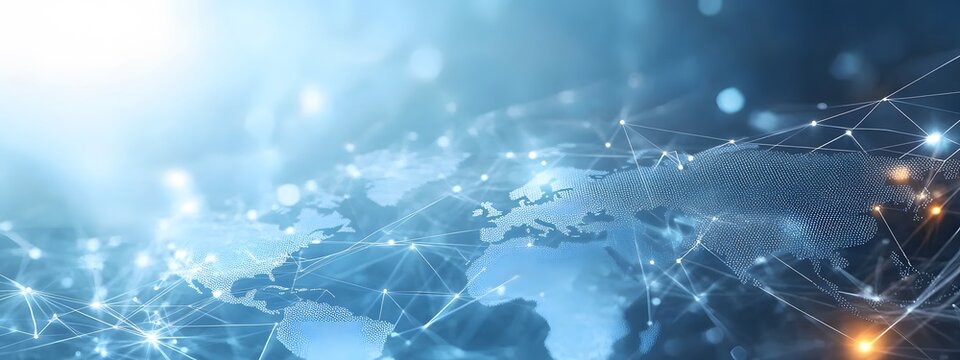 A light blue background with a digital world map and global network connections, representing the concept of international business or connectivity,
