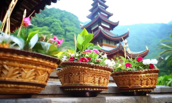 Close-up of Canang Sari, small offering baskets at a temple in Ubud, Bali