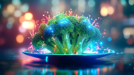 A vibrant broccoli crown glows with sparks of light, evoking wonder and health.