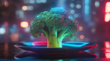 A vibrant broccoli crown hovers above a dark plate, evoking wonder and intrigue.