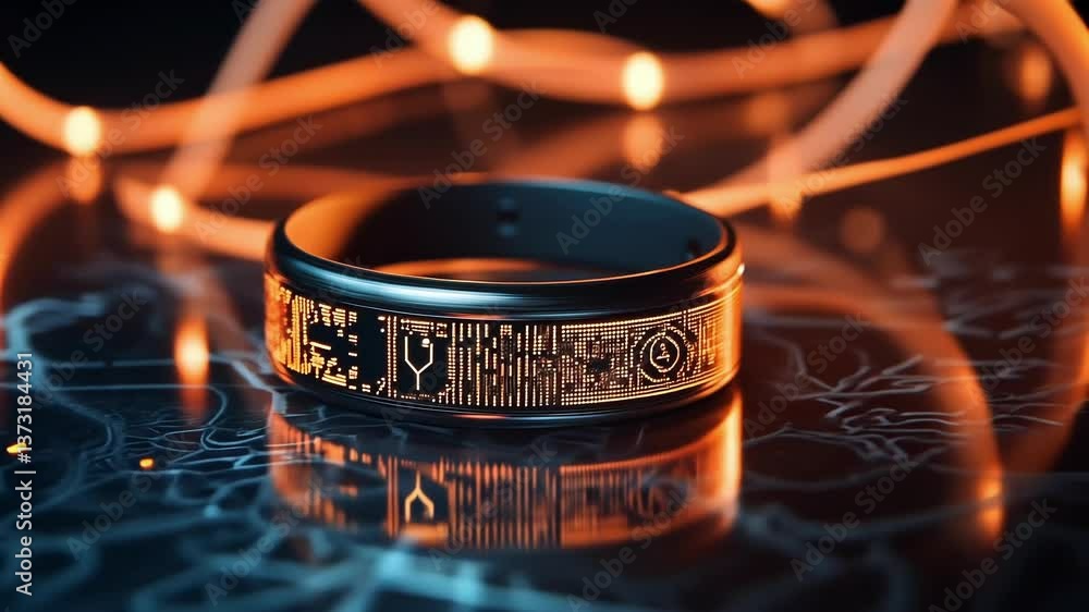 Poster glowing smart ring is displaying encrypted data and protecting user privacy with advanced cyber secu