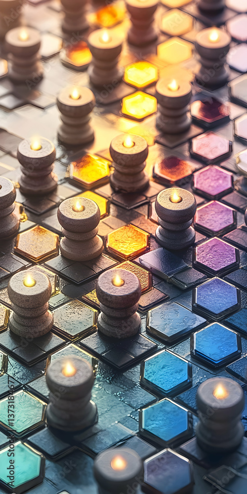 Poster illuminated candles on colorful hexagon pattern