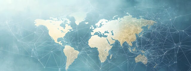 A light blue background with a digital world map and global network connections, representing the concept of international business or connectivity,

