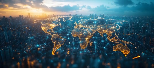 Obraz premium A light blue background with a digital world map and global network connections, representing the concept of international business or connectivity,