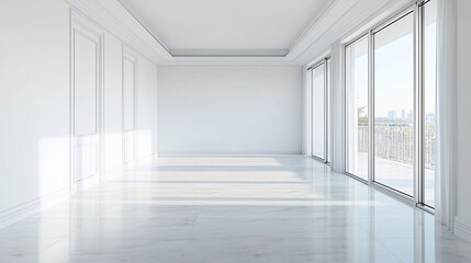 Empty Modern Room with Marble Floor and City View