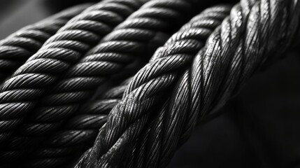 Coiled steel cable. Monochrome industrial background