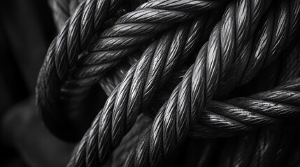 Coiled steel cable. Monochrome industrial background