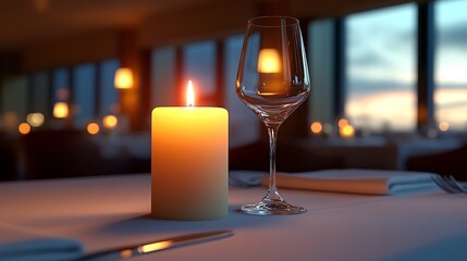 Lit Candle And Wine Glass On A Restaurant Table Setting