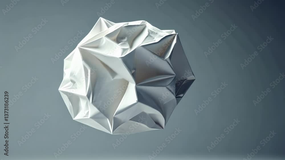 Poster floating abstract sculpture made of crumpled paper in a minimalist studio setting during daylight