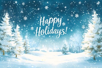 A beautiful winter wonderland with snowflakes falling, white trees covered in frost, and the words "Happy Holidays!" written in an elegant script font,

