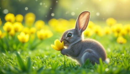 Fototapeta premium Baby rabbit sitting among dandelions in a lush green meadow, soaking in the warm sunshine.