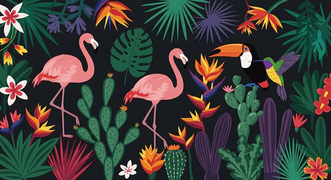 Vibrant pink flamingos amidst a lush tropical paradise teeming with exotic flowers, cacti, a toucan, and hummingbird, all rendered in bold, flat colors against a deep black background.