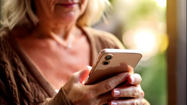 Close-up shot of an elderly woman using a smartphone, engaged in online communication. Senior lady interacting with mobile technology, reading messages, staying connected with family and digital servi