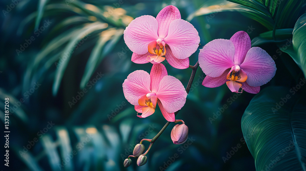 Poster pair of delicate pink orchids captured in beautiful light creating a moody atmosphere with shadow pl