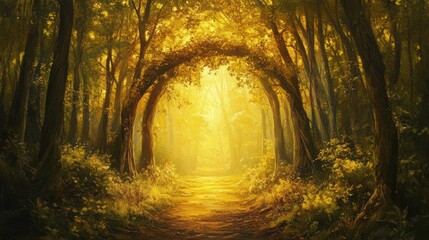 Fototapeta premium A sunlit path leads through a beautiful and enchanting forest scene