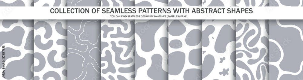Aufkleber Collection of gray seamless patterns with abstract shapes. Creative vector monochrome spotted backgrounds. Drawing trendy endless textures. You can find repeatable design in swatches panel