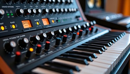 Fototapeta premium Vintage Analog Synthesizer Keyboard Close-up: Knobs, Keys, and Studio Detail