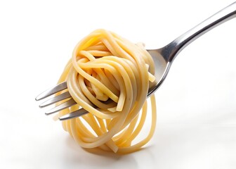Fork with Twirled Spaghetti and Curly Pasta Strands on White Background &ndash; Minimalist Food Concept, Minimalist food image of a fork with twirled spaghetti and curled strands on a white background.