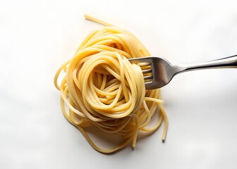 Fork with Twirled Spaghetti and Curly Pasta Strands on White Background – Minimalist Food Concept, Minimalist food image of a fork with twirled spaghetti and curled strands on a white background.