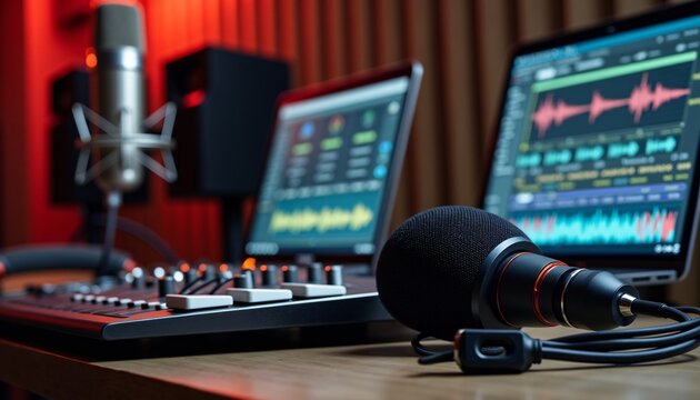 Red-Lit Studio: Professional Audio Recording Setup with Dual Microphones and DAW Software
