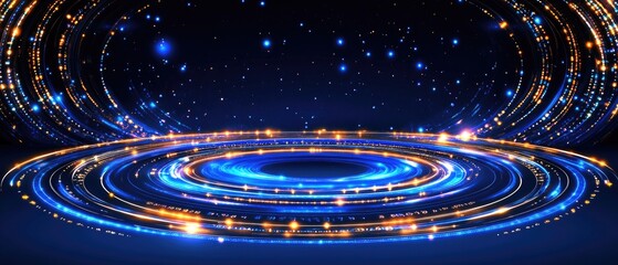 Blue and gold light rings create an abstract, vibrant, futuristic portal, with dark backdrop with stars