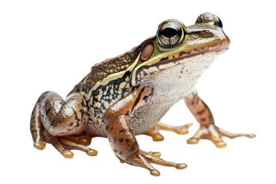 Close-up view of a vibrant frog with detailed skin texture on a transparent background highlighting natural colors and features of the amphibian