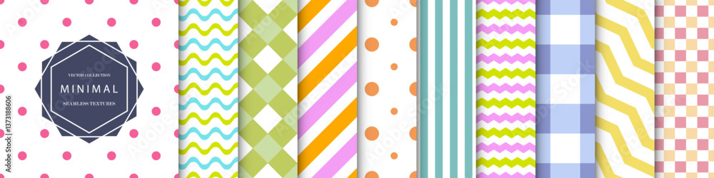 Aufkleber Collection of colorful seamless geometric patterns. Simple cute delicate backgrounds with lines, squares and dots. Repeatable unusual minimalistic prints. Textile endless textures