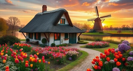 Beautiful sunset landscape with traditional Dutch house, windmill, lake and flower garden.