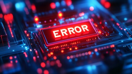 Fototapeta premium Glowing red rectangular ERROR button on tech background. Technology concept