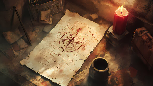 A treasure map with cryptic symbols and an "x" marking the spot. Cryptic Symbols. Illustration