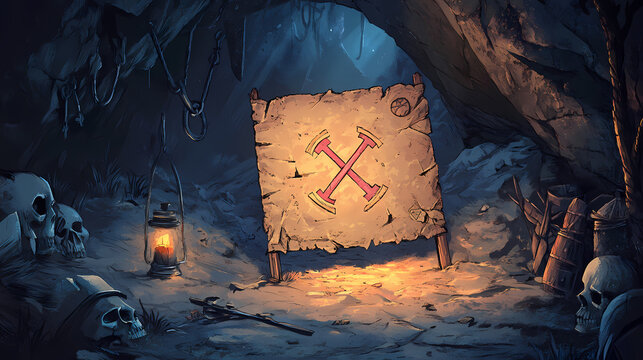 A treasure map with cryptic symbols and an "x" marking the spot. Cryptic Symbols. Illustration