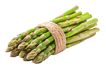 Freshly harvested green asparagus tied with twine showcases vibrant color and texture, representing healthy eating and culinary creativity in a kitchen setting