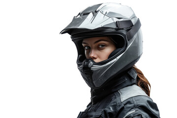 Rider wearing a sleek motorcycle helmet with a confident expression against a transparent background