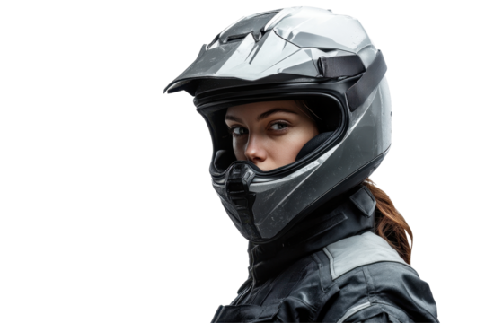 Rider wearing a sleek motorcycle helmet with a confident expression against a transparent background