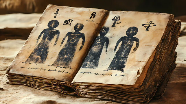 Throughout an ancient leather bound book are cryptic symbols and illustrations of spectral figures. spectral. illustration. Cryptic Symbols. Illustration