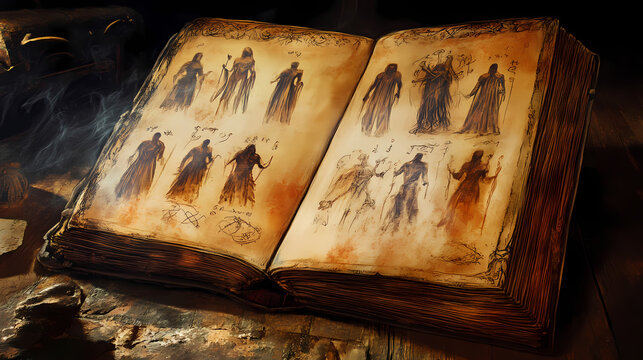 Throughout an ancient leather bound book are cryptic symbols and illustrations of spectral figures. spectral. illustration. Cryptic Symbols. Illustration