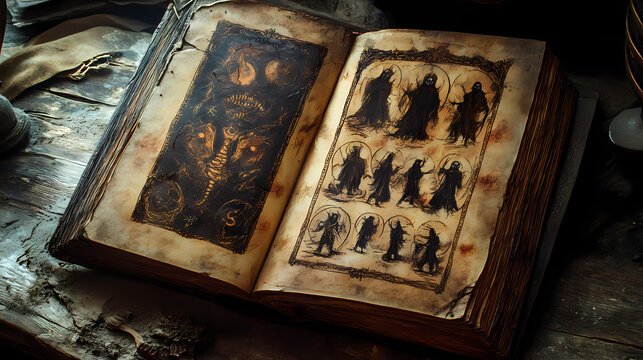 Throughout an ancient leather bound book are cryptic symbols and illustrations of spectral figures. spectral. illustration. Cryptic Symbols. Illustration